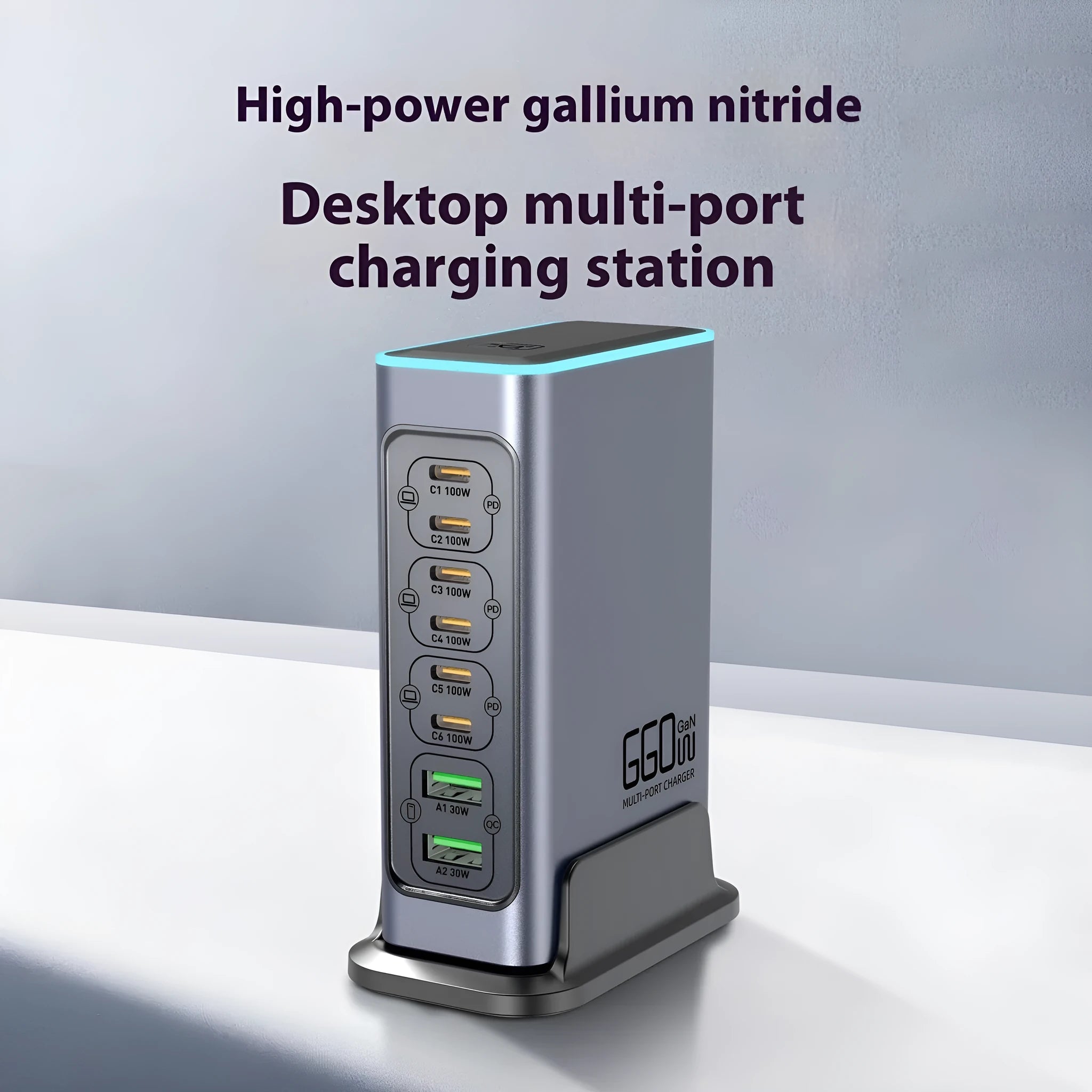 660W Gallium Nitride fast charger with US, EU, UK, and AU plug adapters for laptops and phones.