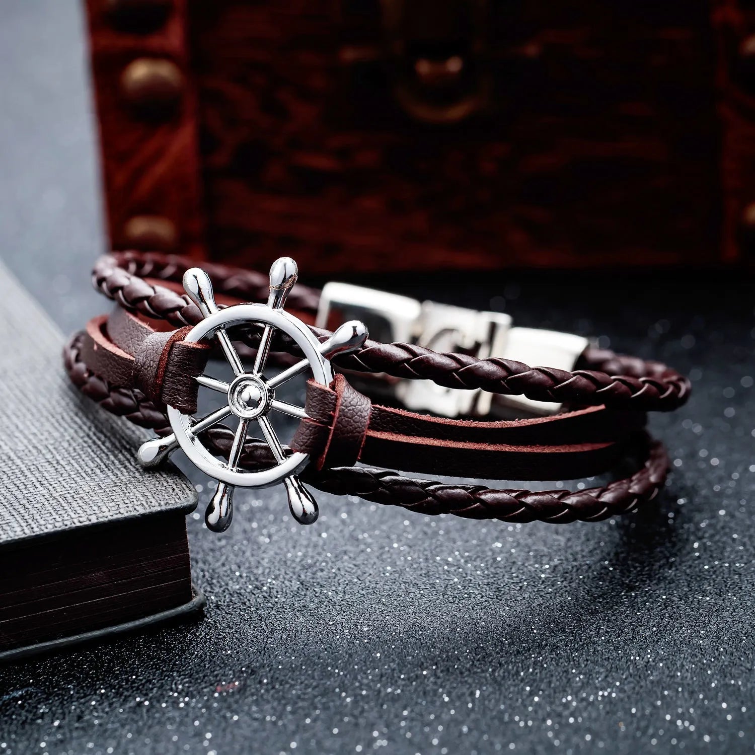 Alloy leather charm bracelet with black clasp fastening in brown colour option