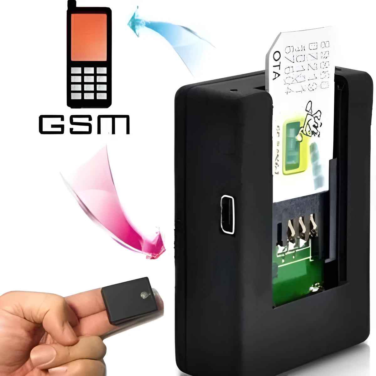 Black N9 mini X009 car alarm GPS tracker device with SIM card slot.