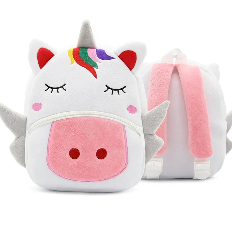 Plush children's backpack with animal design showing soft texture and zipper opening