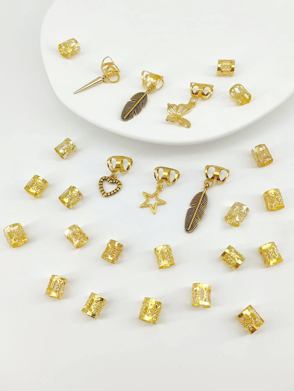 Antique style hair rings with leaves pattern and braid design in gold or silver finish