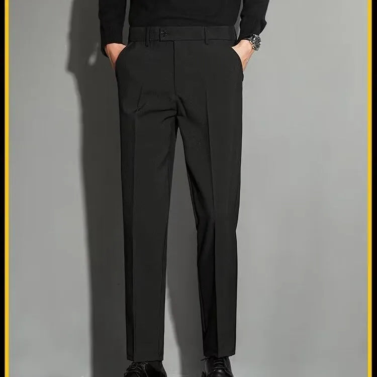 Men's straight ankle-length suit pants in a chemical fibre blend fabric, shown in multiple colours.