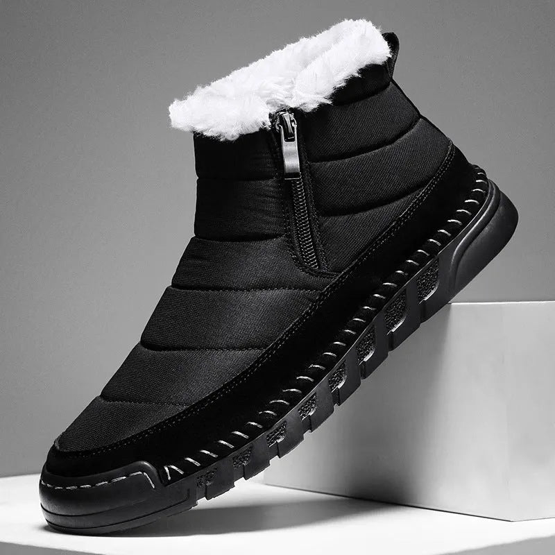 Men's plus size snow boot in black with round toe, flat heel, and non-slip rubber sole.