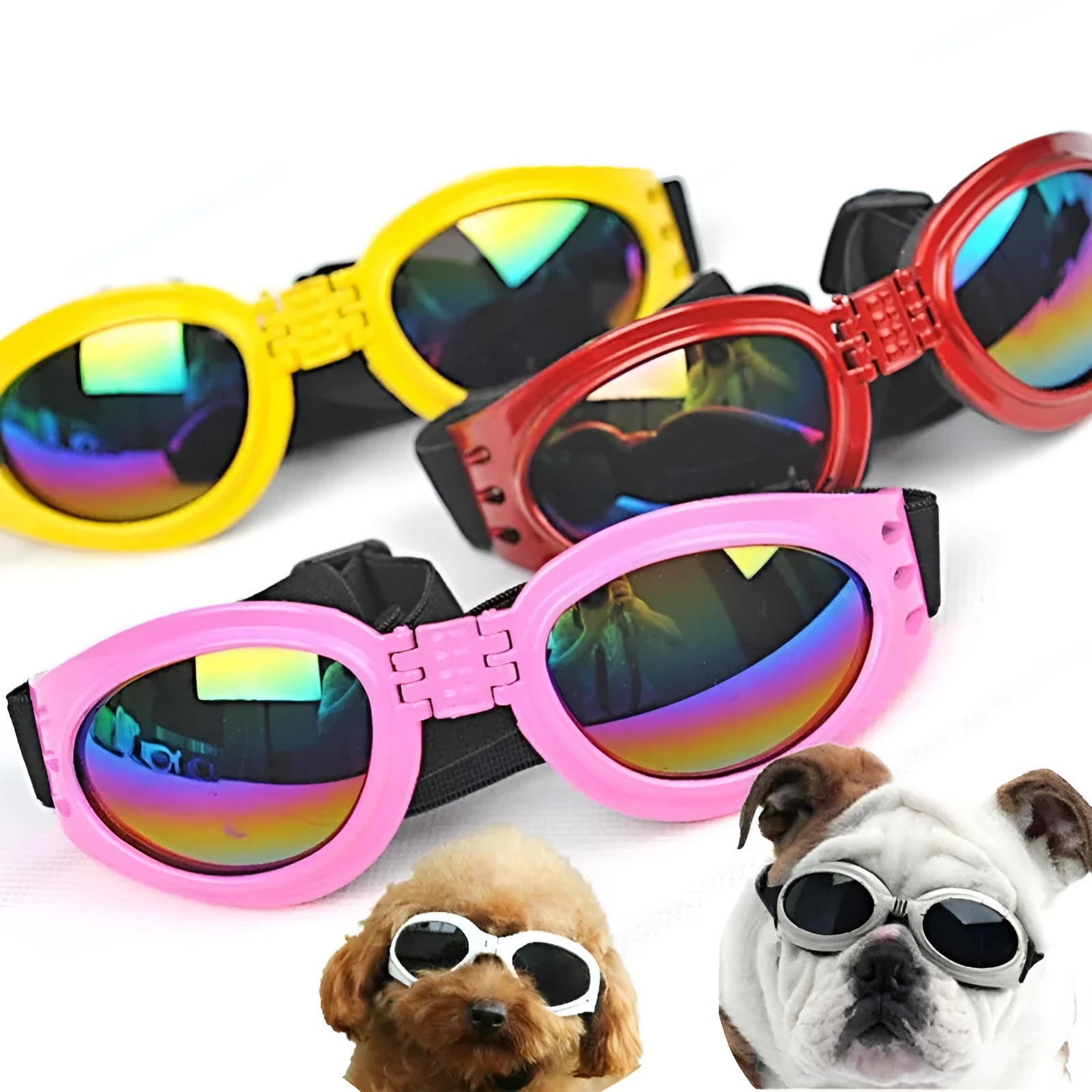 Foldable dog sunglasses in black with UV protection and adjustable straps
