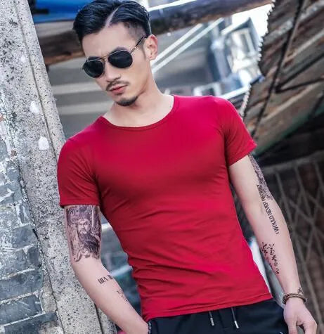 Men's bamboo fibre blend t-shirt in various colours on a size chart showing Asian fit measurements.