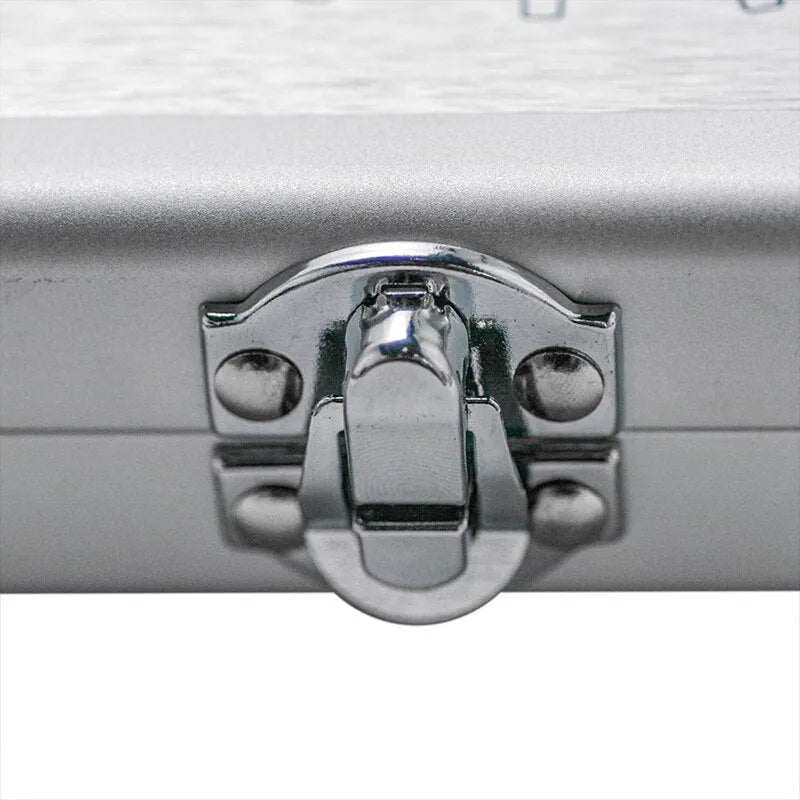 Silver aluminium storage box for portable soldering iron showing compact dimensions