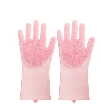 Blue silicone scrubbing gloves showing textured palm and finger surfaces for cleaning