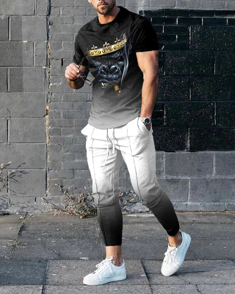 Men's short-sleeved round neck pullover and matching trousers sportswear set in polyester blend fabric