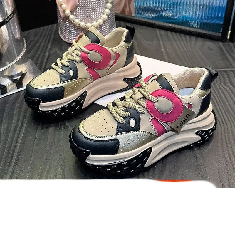 Pair of leather sports casual shoes with thick sole, wedge heel and front lace-up in multiple colour options