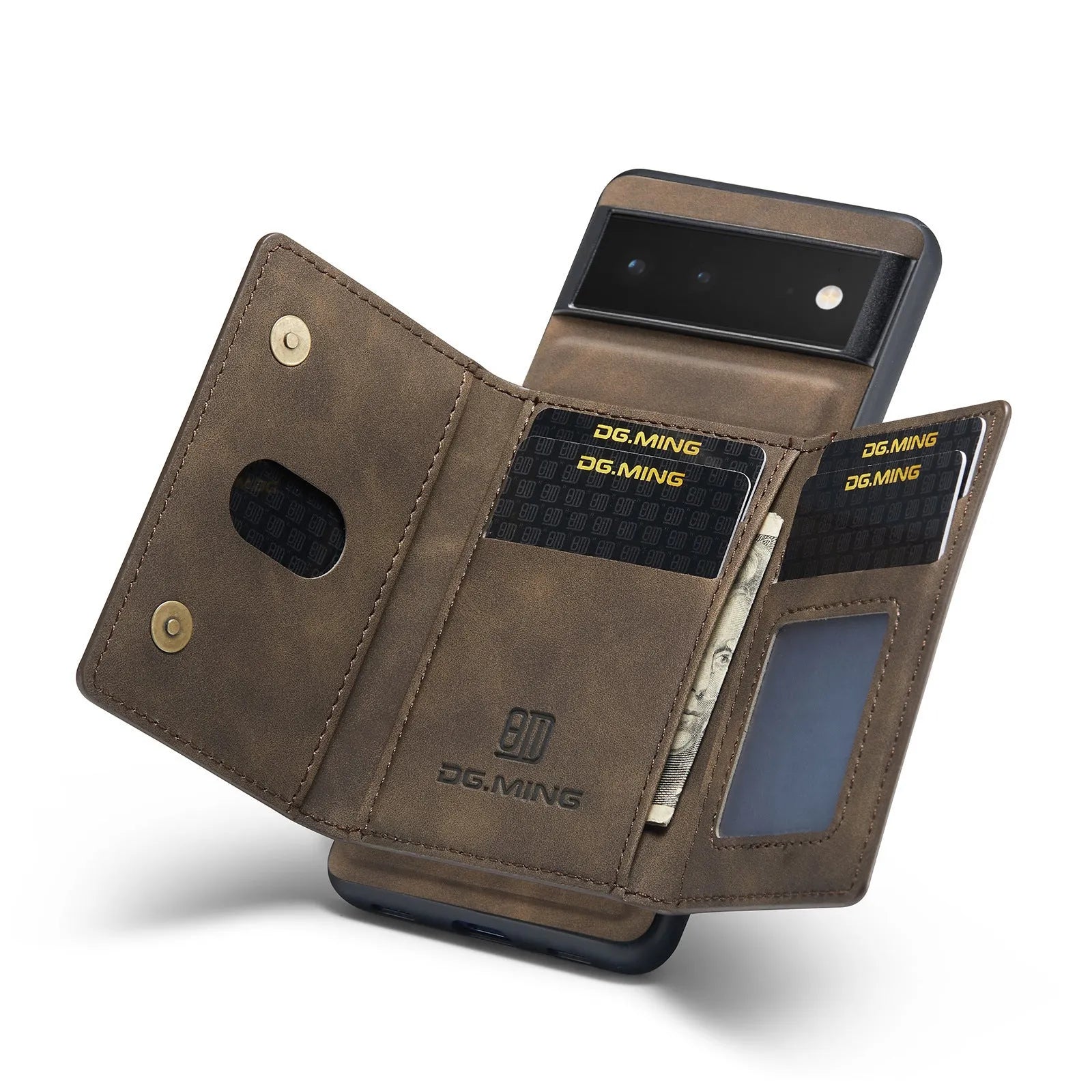 Leather magnetic card holder phone case in black for Pixel8Pro, hand-woven craft