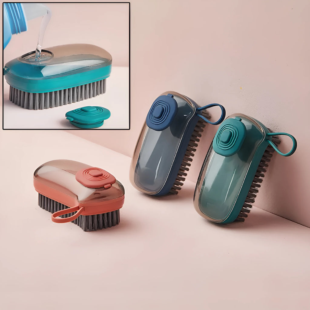 Automatic liquid cleaning brush for shoes and clothes with ergonomic grip in selected colour