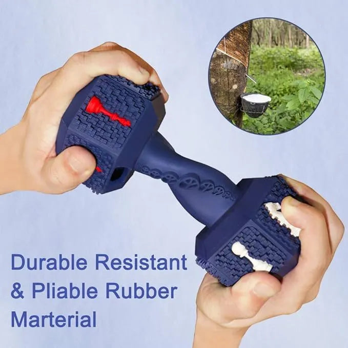 Black and blue rubber dumbbell dog chew toy with textured surface for aggressive chewers
