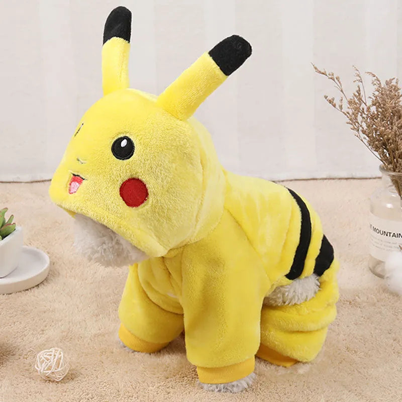 Fleece cat and dog coat with cartoon design on a pet mannequin, showing hoodie style.