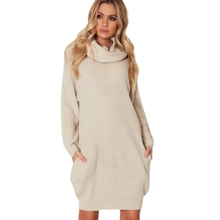 Women's pullover sweater with loose lapel and side pockets in slim mid-length fit