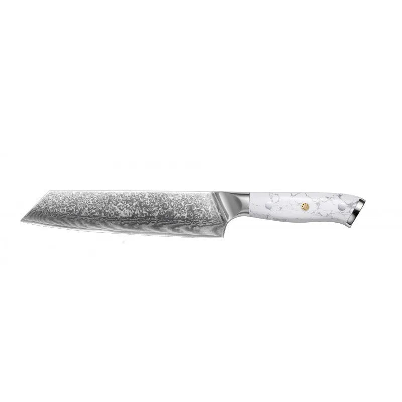 Damascus pattern VG10 steel combined chef knife with 21cm blade on wooden surface