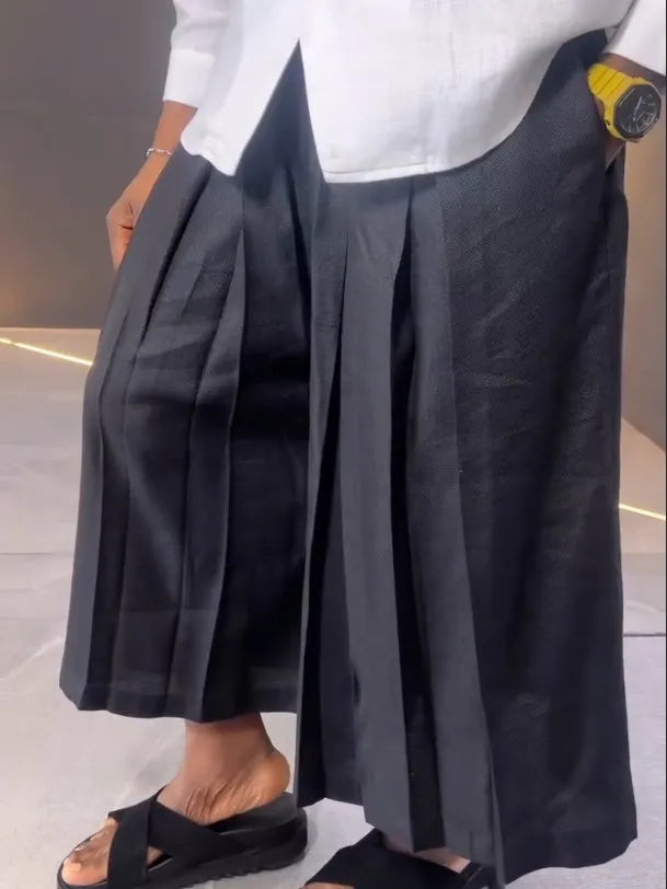 Women's white asymmetric long sleeve shirt and black pleated trousers casual two-piece set