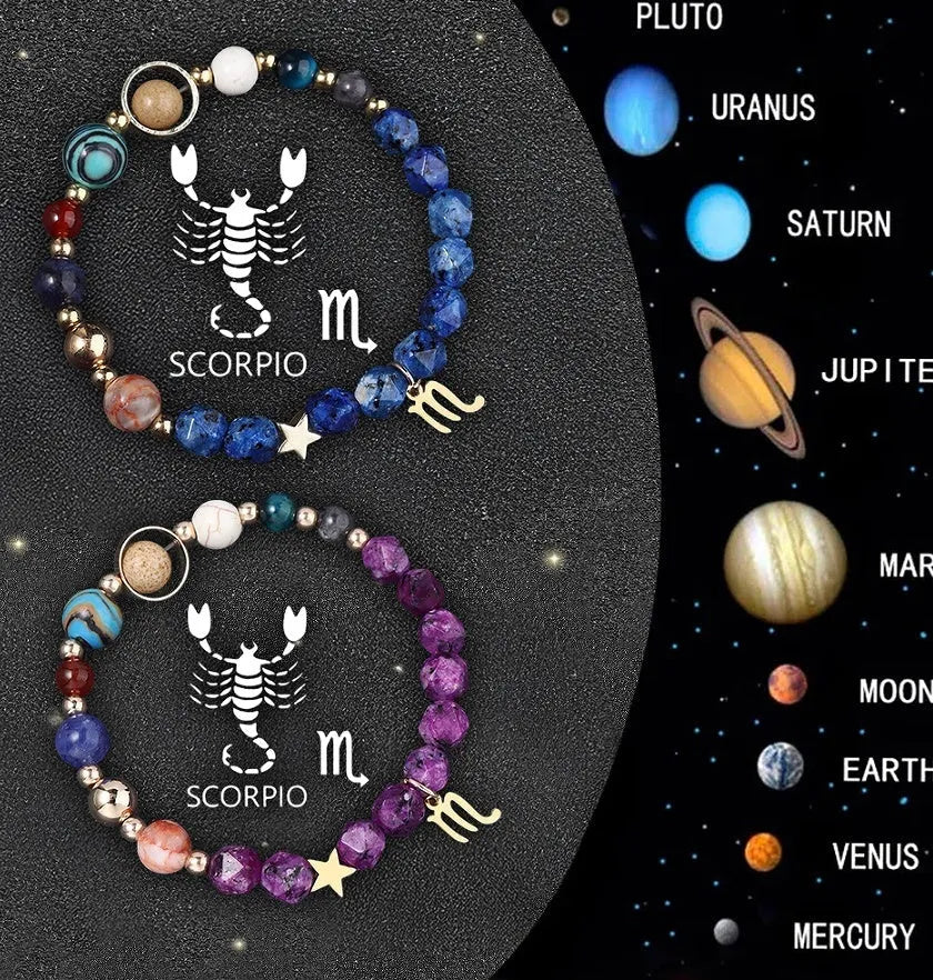 Set of twelve natural stone beaded bracelets featuring different zodiac sign designs