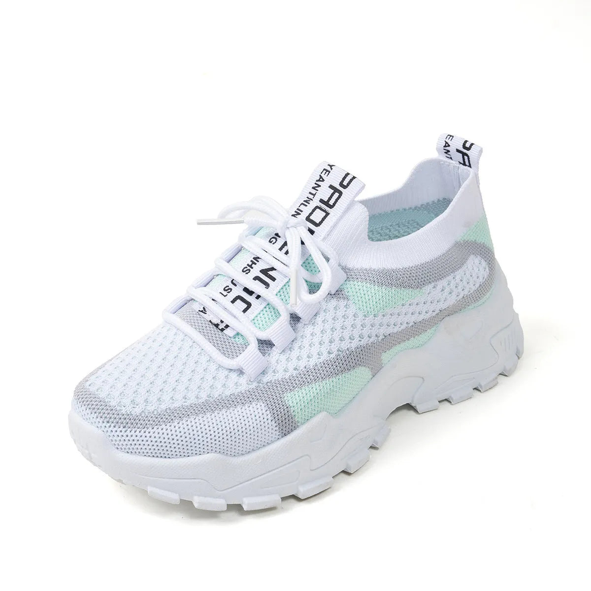 Women's Flyknit Mesh sneakers in a neutral colour showing lace-up design and rubber sole.