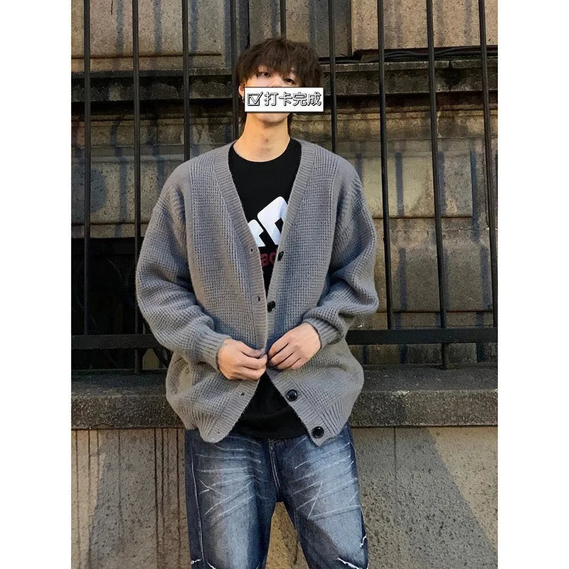 Men's cotton blend V-neck cardigan knitting sweater in loose fit casual style