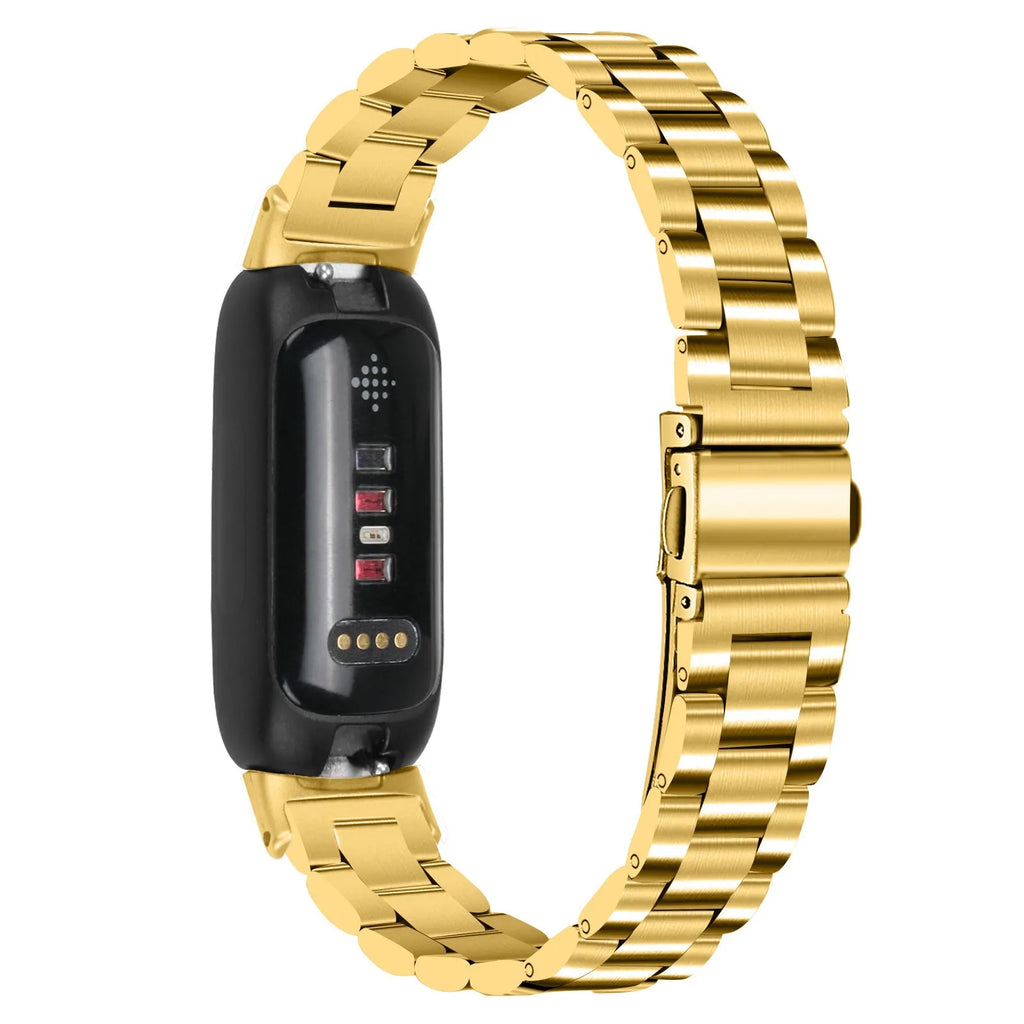 Stainless steel three-bead watch strap for Fitbit Inspire 3 fitness tracker showing adjustable clasp and bead detail