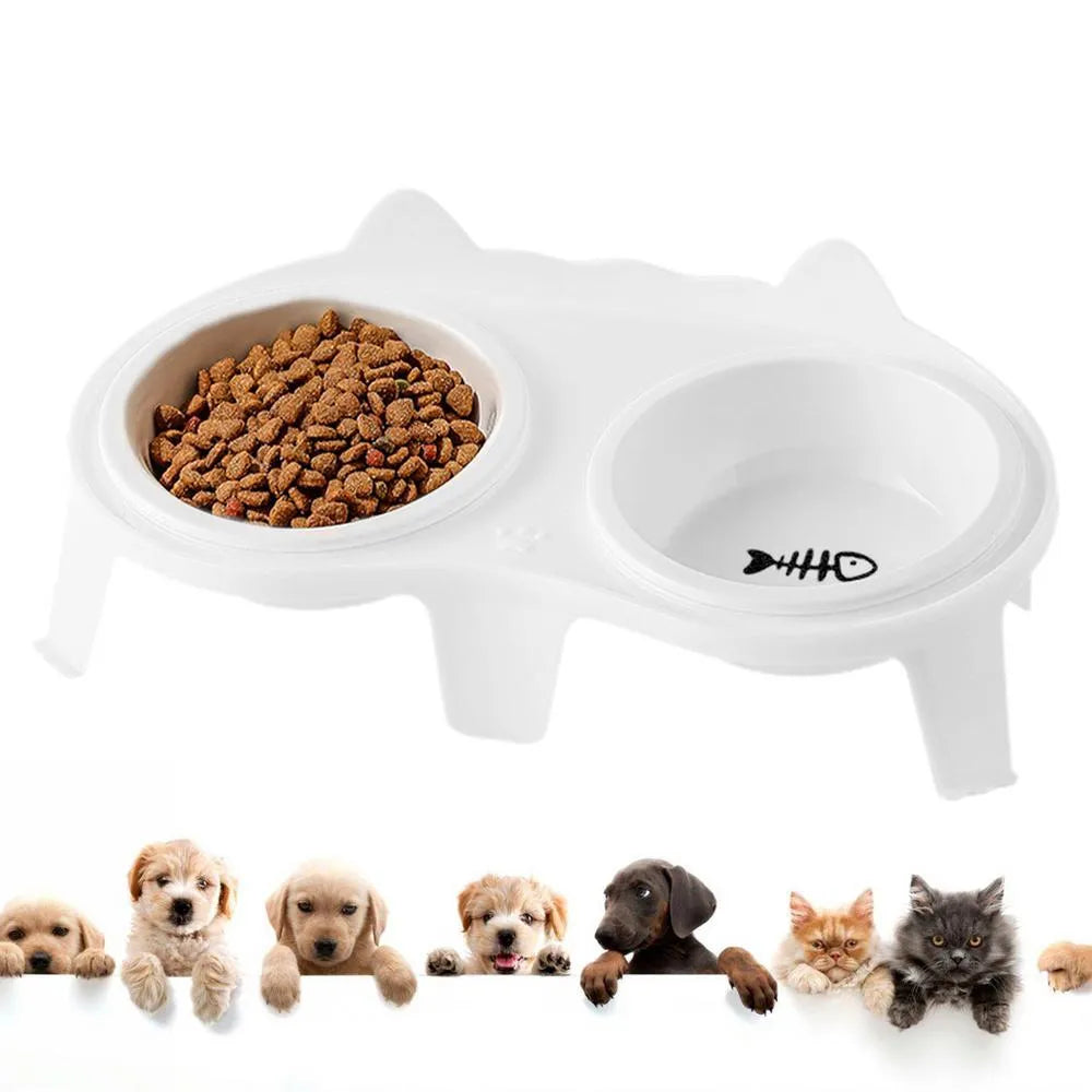 Blue elevated ceramic pet bowl set with two bowls and a stand with hook