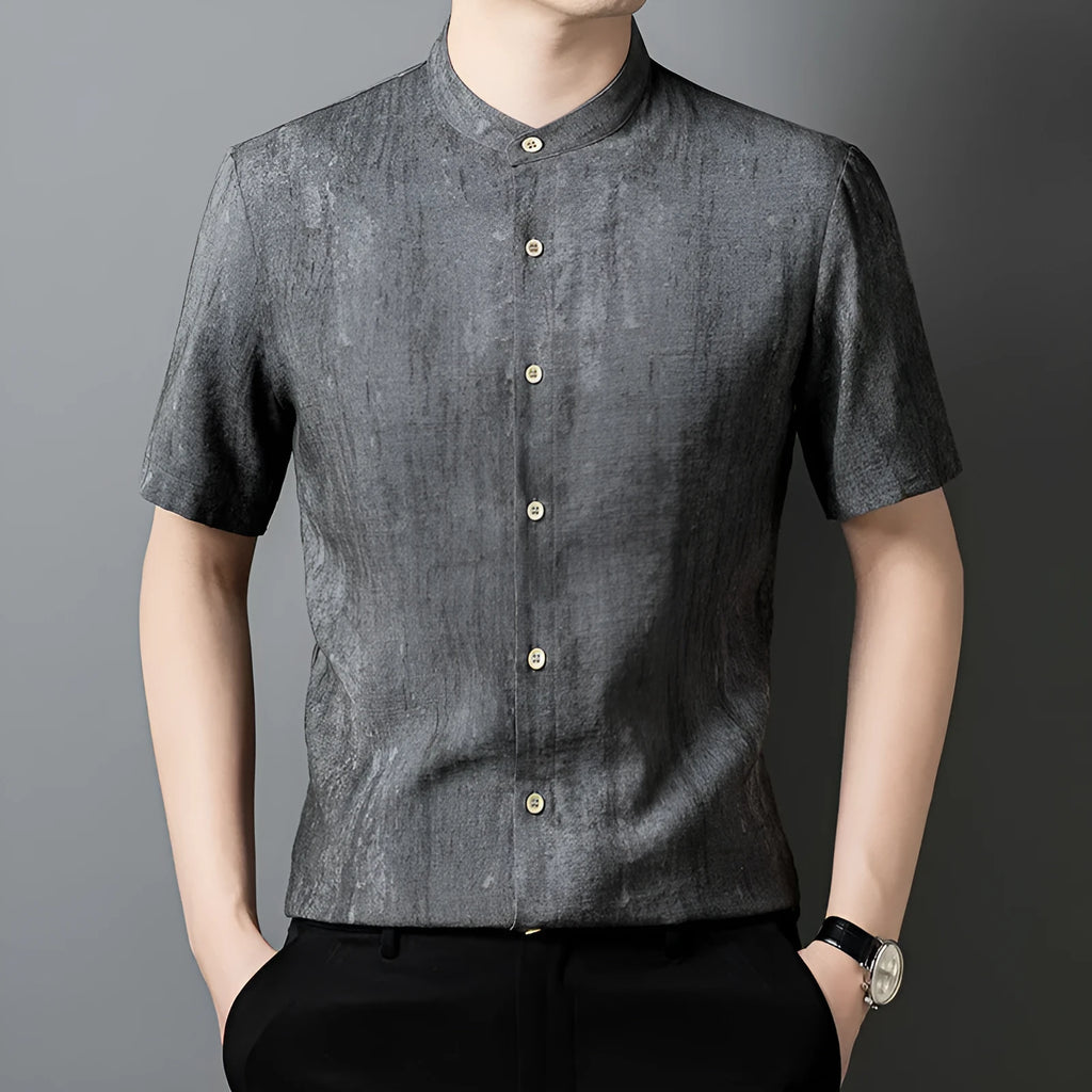Men's loose fit short sleeve linen shirt in cardigan style with a stand collar.