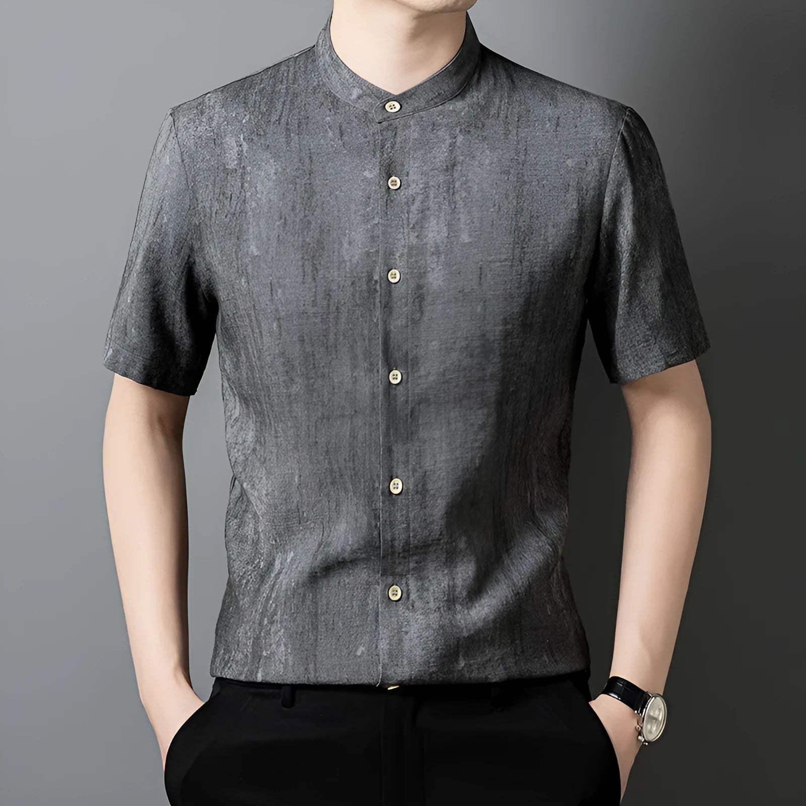 Men's loose fit short sleeve linen shirt in cardigan style with a stand collar.