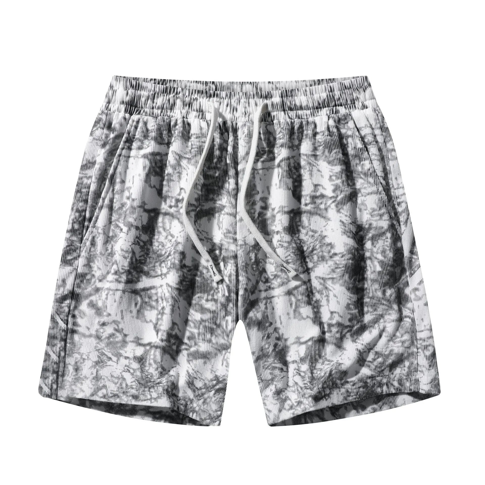 Men's camouflage patterned corduroy athletic shorts with straight leg cut and high waist