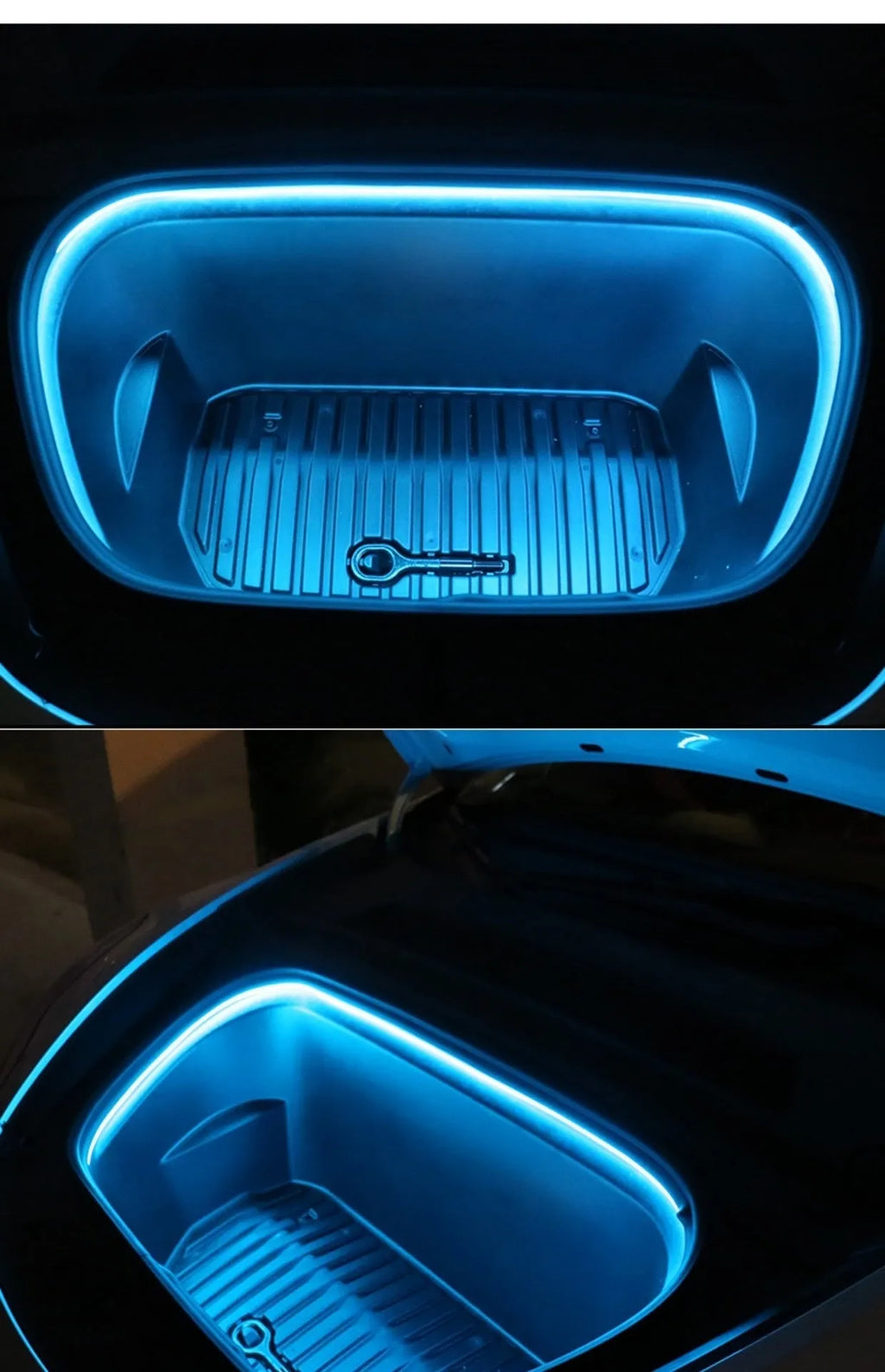 Tesla Model 3 and Y front backup box ambient lighting kit with soft silicone light bar in choice of colours