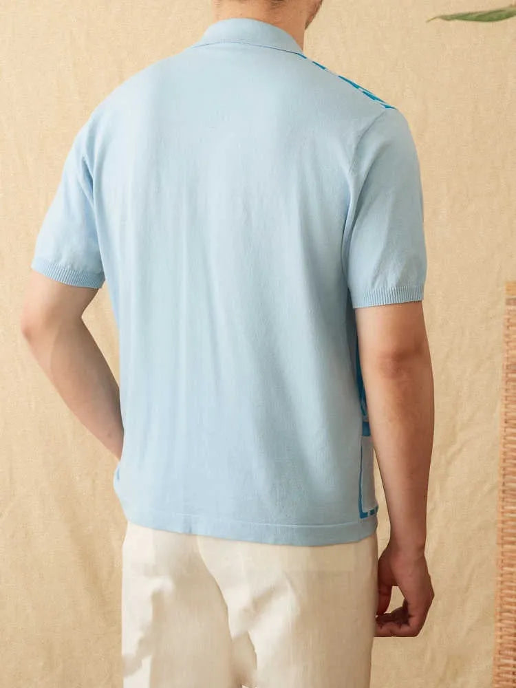 Cotton striped knitted cardigan polo shirt in light blue with lapel collar and short sleeves.