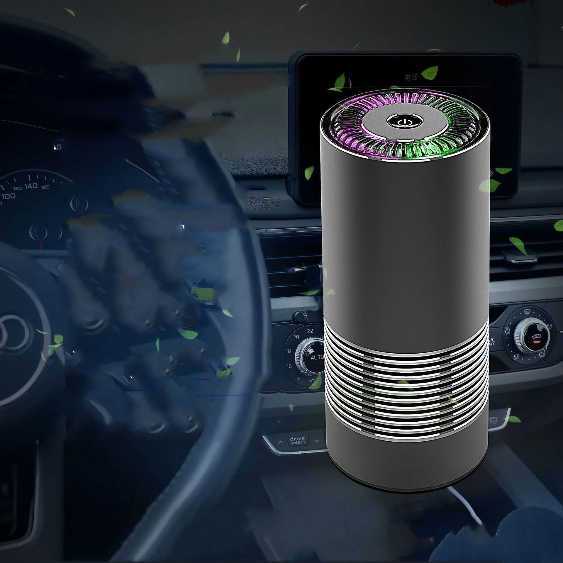 Compact wireless car air purifier in aluminium alloy and ABS, shown in black, silver, and metallic grey.