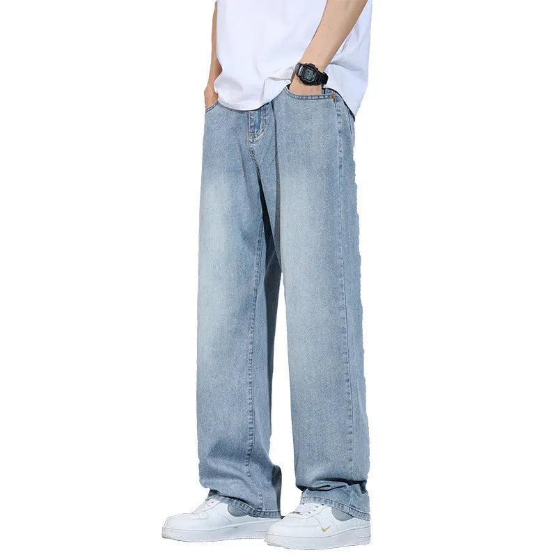 Straight-leg casual trousers in ice silk denim with wide leg fit and zip fly closure