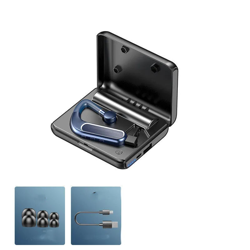 Wireless Bluetooth earphones in black with hanging ear design and silicone ear caps