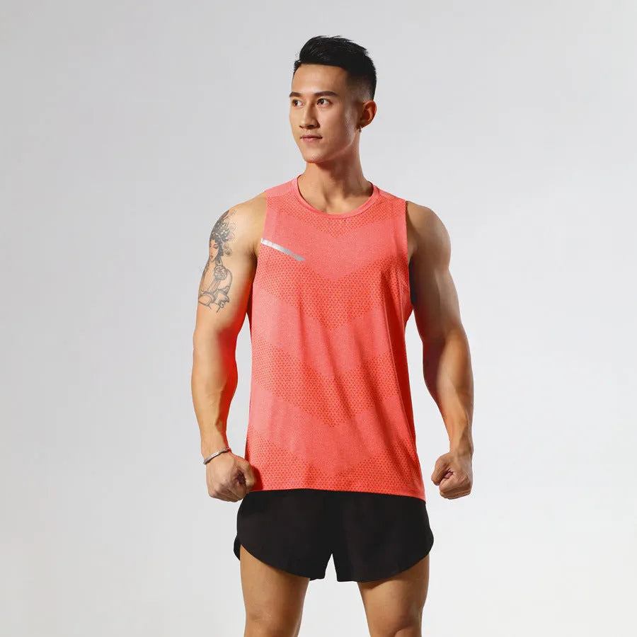 Men's solid colour quick-drying sports tank top for summer outdoor activities on a neutral background.
