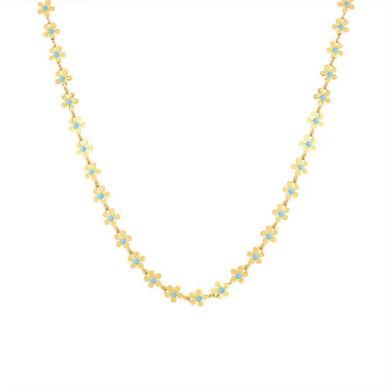 European and American style flower blue drip oil necklace and bracelet set on titanium steel chain