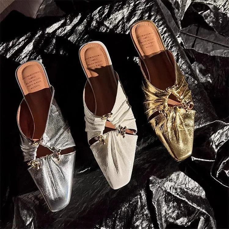 Women's leather half-toe slippers with square toe design in metallic colours