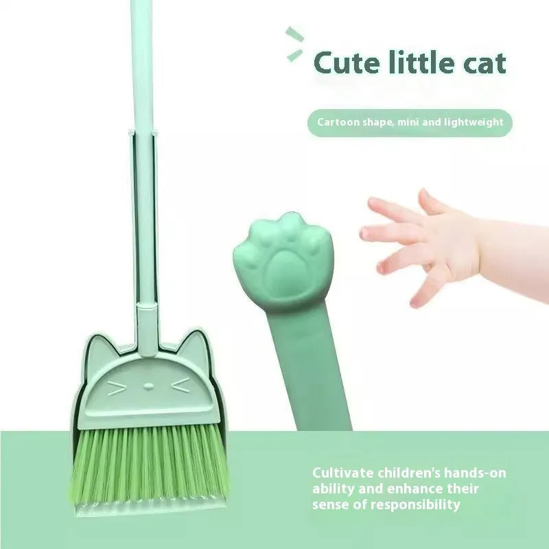 Purple plastic broom and dustpan set with long handle and rotating brush holder