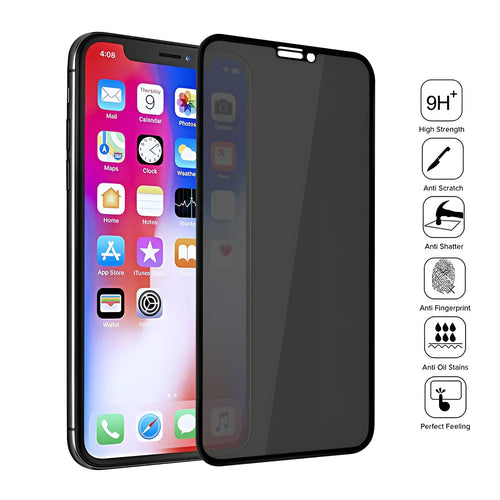 Black anti-peeping tempered glass screen protector for iPhone showing privacy angle demonstration