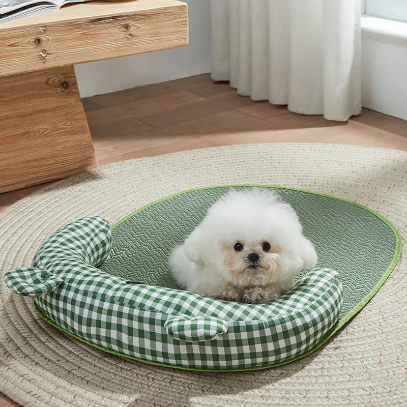 Green and yellow four seasons dog cooling mat with ice pad technology in multiple sizes