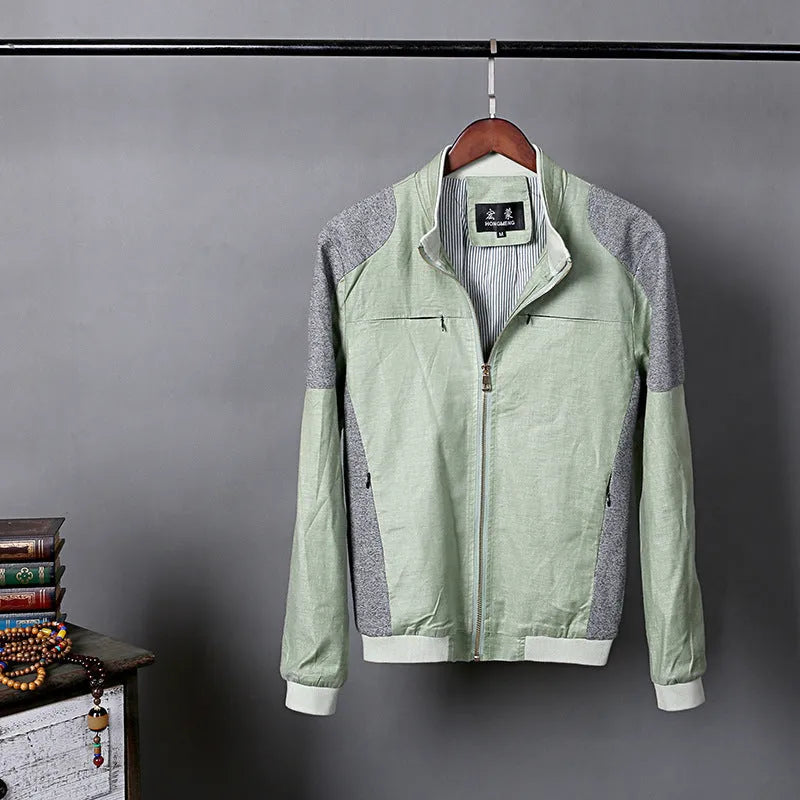 Men's heather grey casual linen jacket on a hanger, showing regular fit and thin cotton fabric.