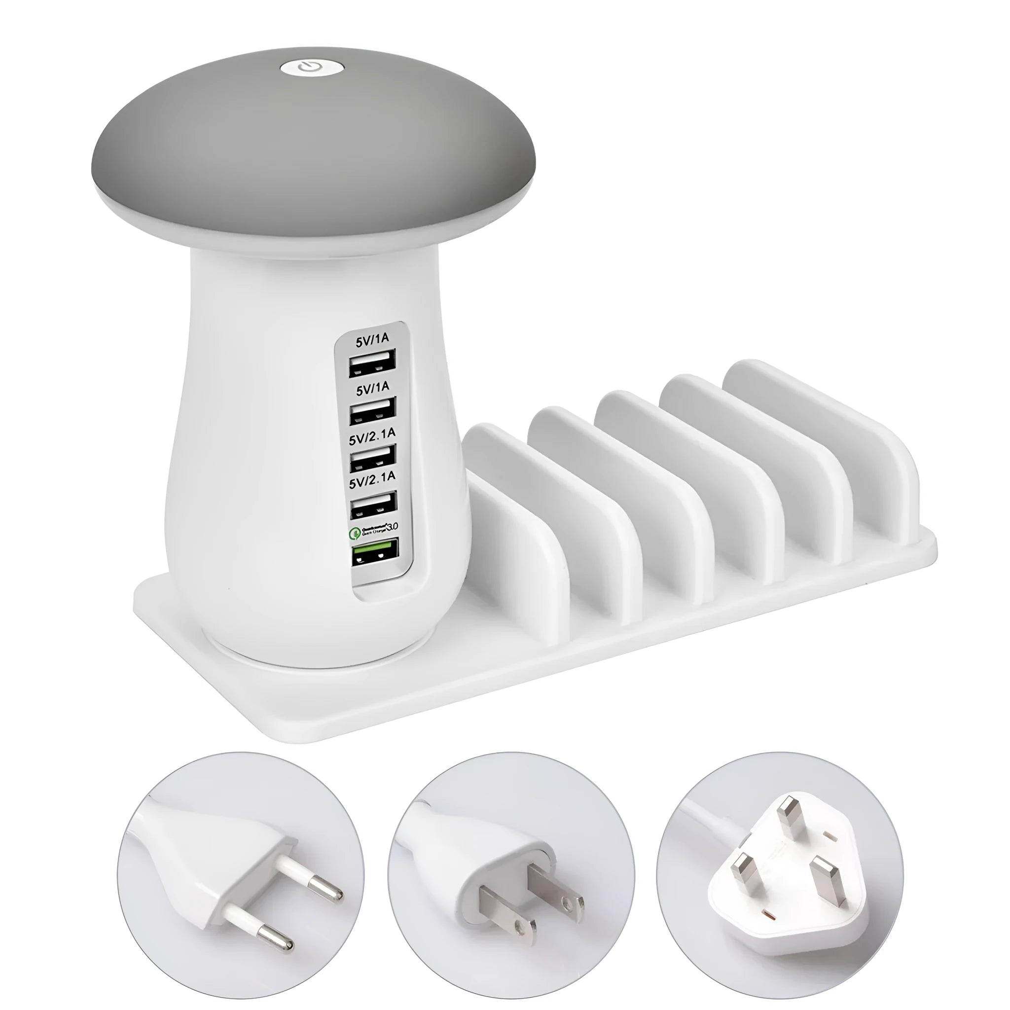 Mushroom-shaped white LED desk lamp with 5 USB charging ports for phones and tablets