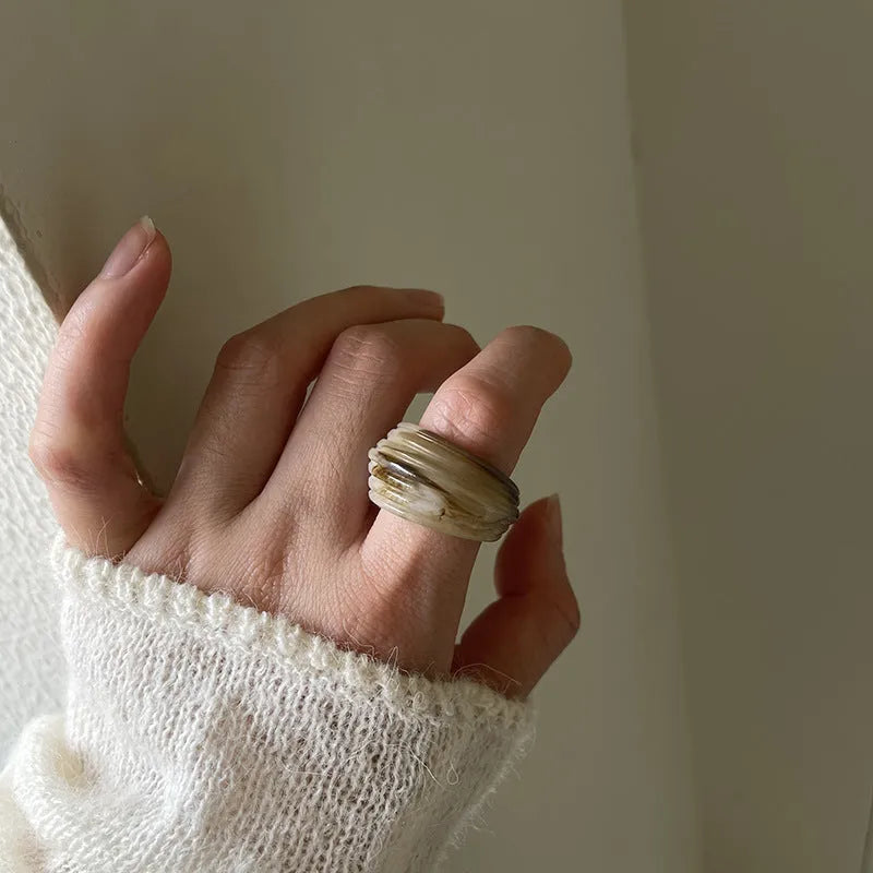 Chinese style irregular geometric resin ring in Maillard Brown, smoky brown or latte white