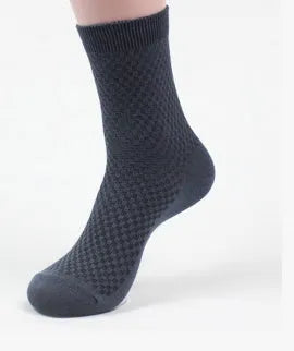 Men's bamboo fibre business socks with small square pattern, shown in colour options including black and navy blue.