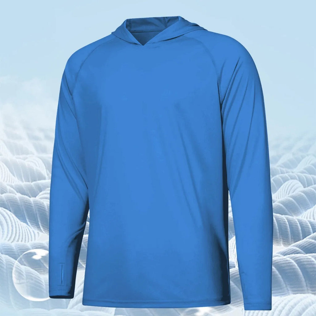 Man wearing a solid colour long sleeve hooded top for outdoor fishing or hiking.