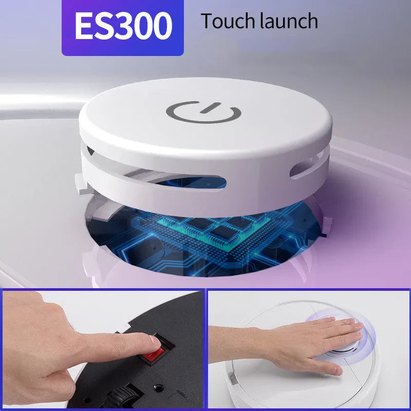 Automatic circular sweeping robot with one-touch button, 28cm diameter, on a hard floor.
