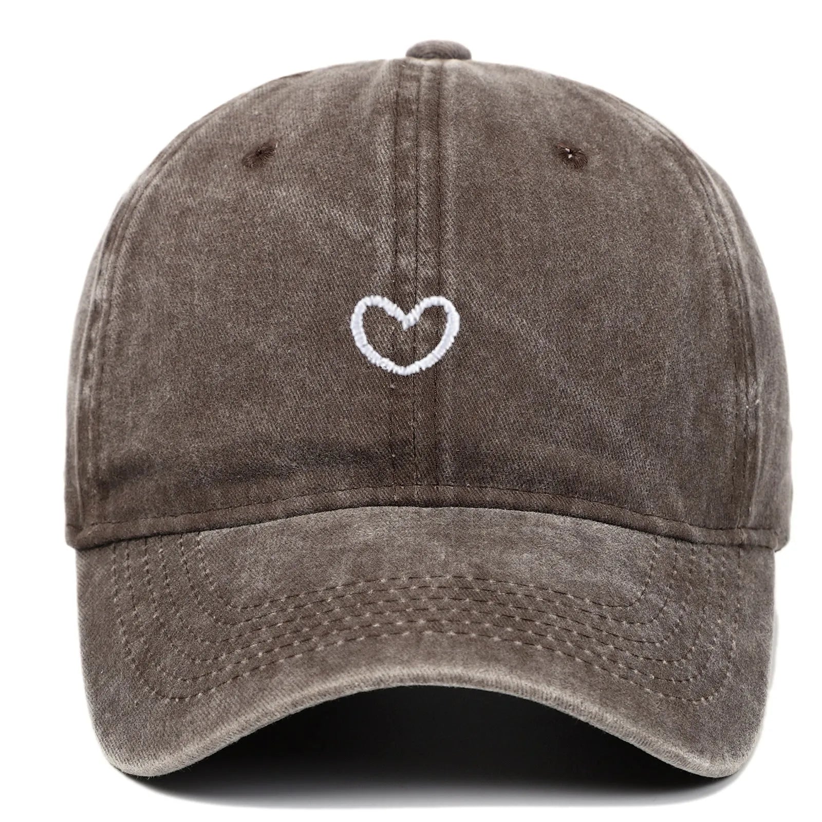 Retro style baseball cap with small love embroidery on cotton fabric in an adjustable dome crown design.