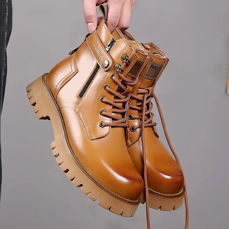 Men's leather Martin boots with thick rubber soles and side zipper closure