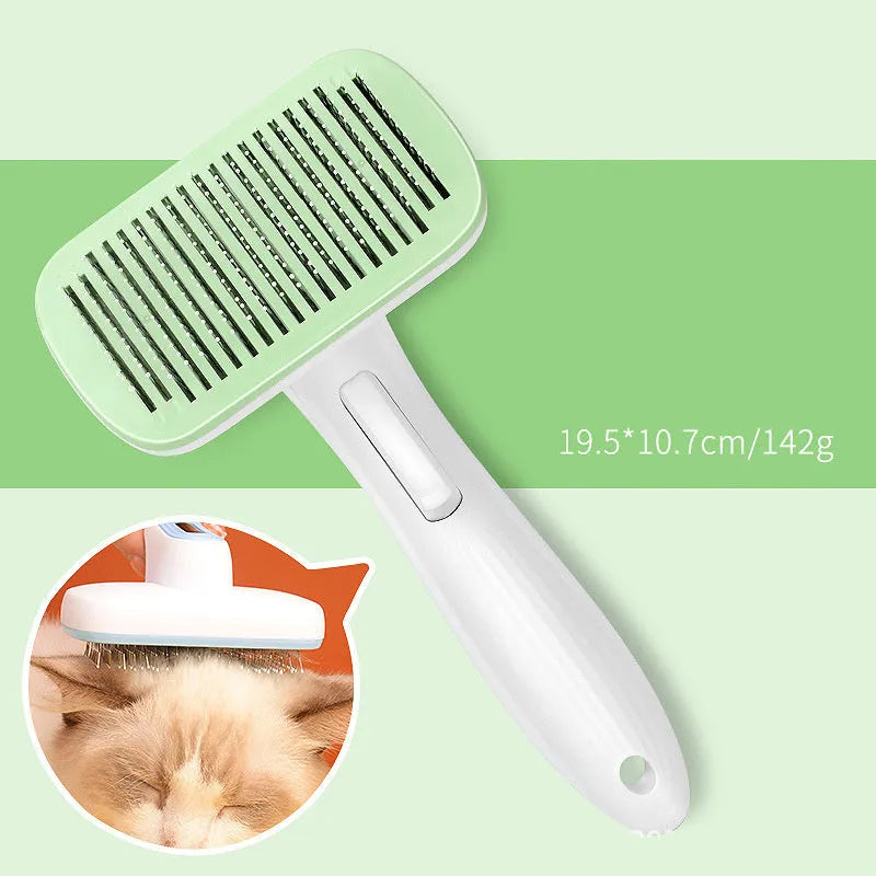 Automatic pet hair removal comb in blue, grey, green, or pink colours for dogs and cats
