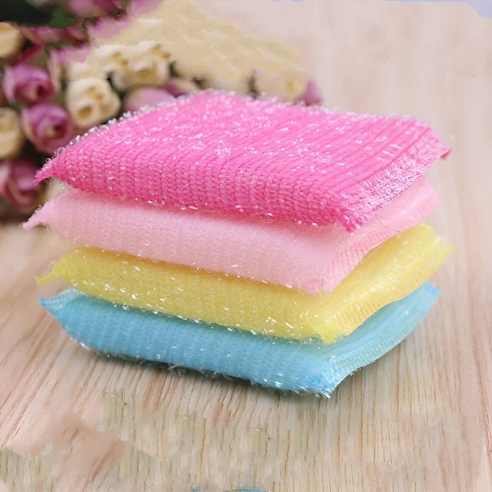 Fine stripe scrubbing mop sponge in macaron mixed colours measuring 12cm for dishwashing