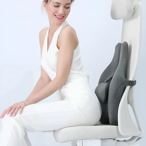 Memory foam car lumbar support cushion in solid colours showing 50x47x9cm dimensions